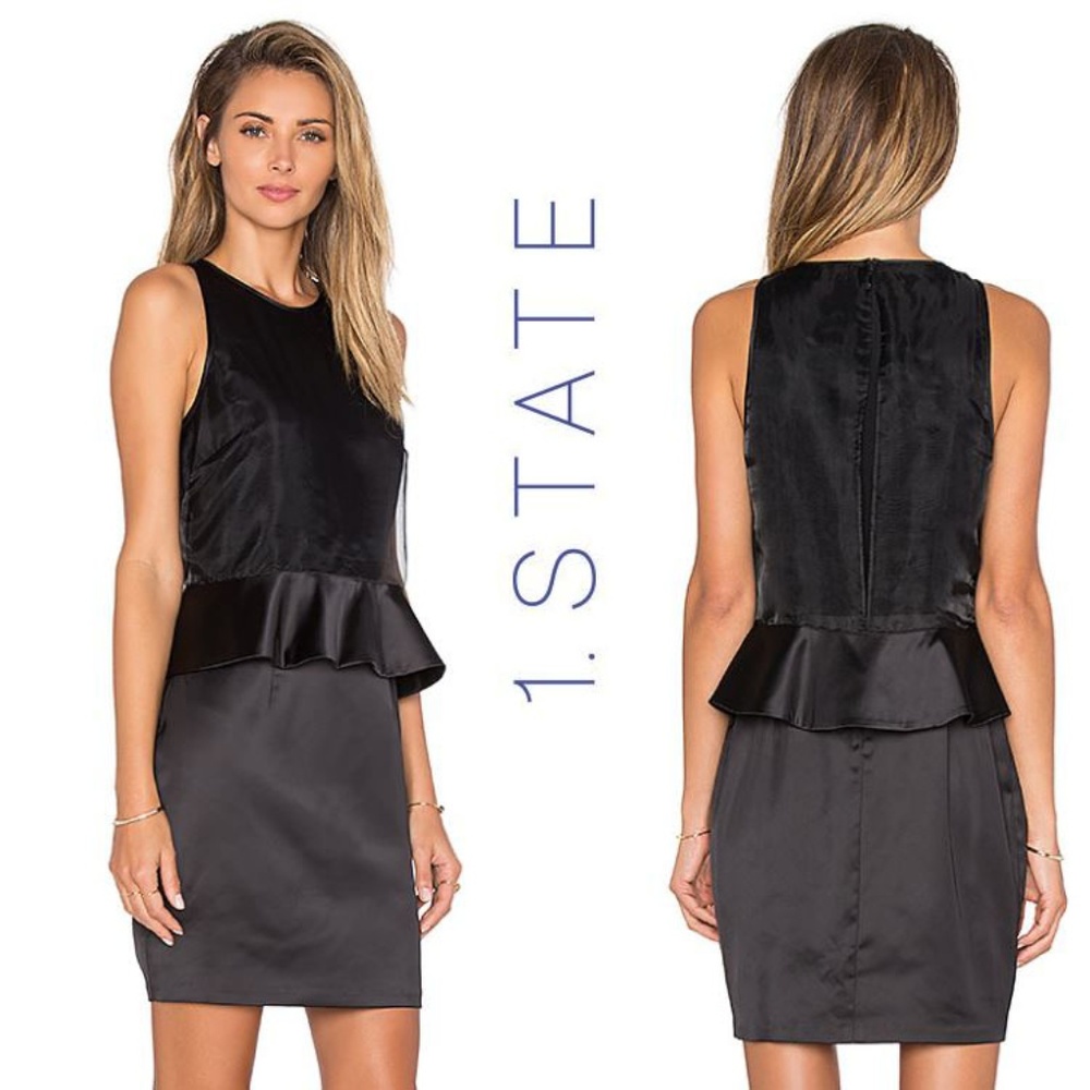 1 STATE Organza-Overlay Peplum Black Dress